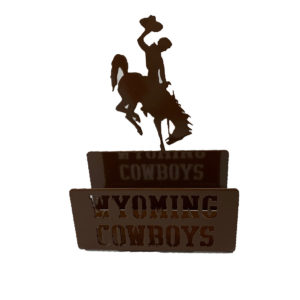 brown metal business card hold with slogan, Wyoming Cowboys etched in the front. Holder has bucking horse on top