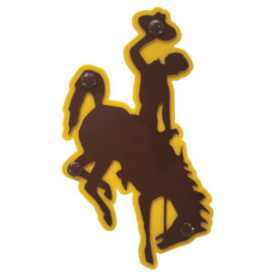 metal, bucking horse shaped hitch cover. brown enameled metal with a gold outline