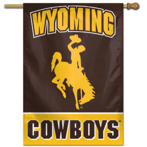 28 inch by 40 inch vertical flag. flag is brown with gold design that has Wyoming Cowboys slogan with gold bucking horse in between words
