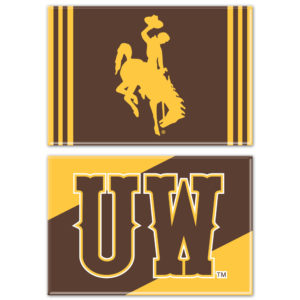 set of 2 metal magnets. gold bucking horse in center and 2 gold stripes on either side. other has UW in brown block letters with brown and gold background