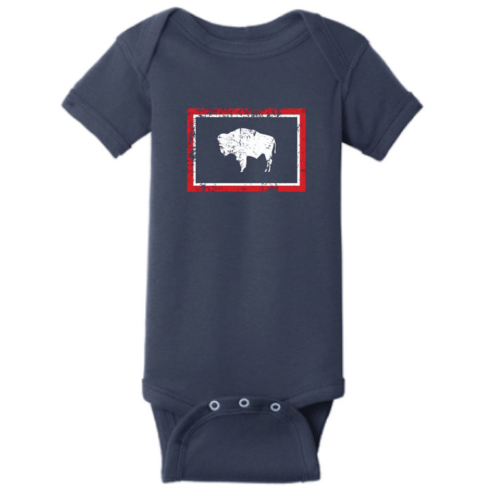 infant short sleeved onesie, navy with distressed Wyoming state flag printed in center
