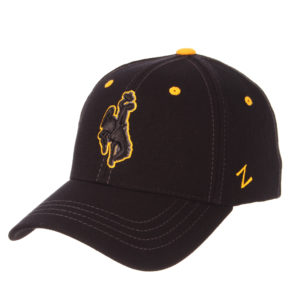 black flex fit style hat. gold eyelets and details. gold bucking horse with white outline embroidered on front of hat. Z logo in gold on left side