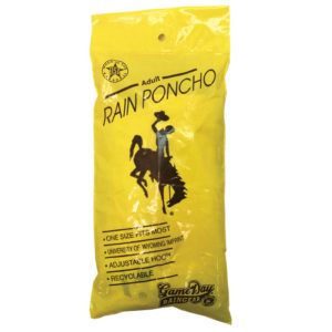 plastic rain poncho in gold with repeat brown bucking horse prints, one size fits most