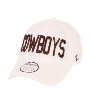 unstructured, white adjustable hat. Word Cowboys appliquéd on the front in brown fabric