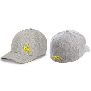 grey flex fit hat with gold bucking horse on left front and slogan Pokes embroidered in gold on bottom back