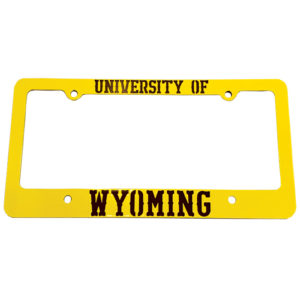 Metal license plate frame, top gold piece design is University of Wyoming cut out, bottom brown piece is solid