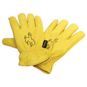 gold, unlined deerskin gloves with bucking horse outline branded on top of hand portion of the glove