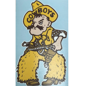 vinyl decal of pistol Pete in brown and gold, 8 inches tall