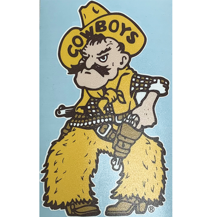 vinyl decal of pistol Pete in brown and gold, 8 inches tall