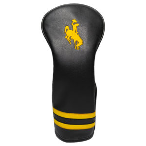 black leather fairway cover. gold leather stripes on bottom. gold bucking horse embroidered on front of cover