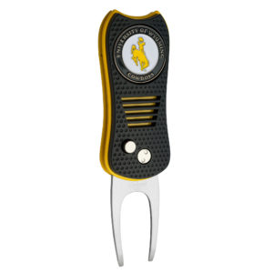 metal golf divot tool, black and gold colors. magnetic golf ball marker attached on top