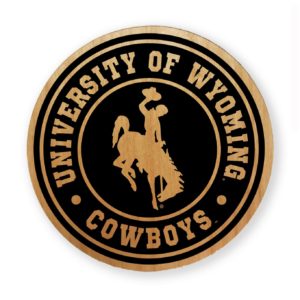 adler wood round magnet with laser engraved design. design is arced slogans University of Wyoming on top, and Cowboys on bottom. bucking horse in the center