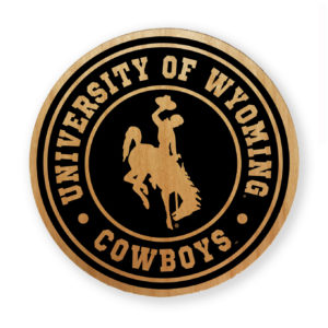 adlerwood coaster set of 4. circular coaster with University of Wyoming Cowboys and bucking horse etched in the wood