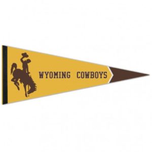 brown and gold felt pennant flag. Words Wyoming Cowboys and large bucking horse printed across the flag