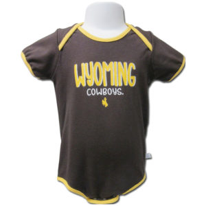 brown infants diaper onesie with gold seams, design is word Wyoming in gold with grey shadow above white word cowboys, gold bucking horse below