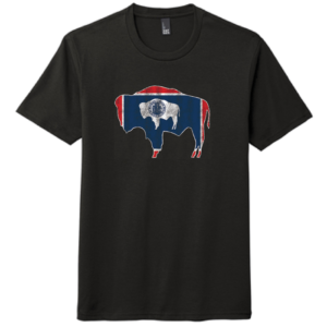 black, short sleeved tee. distressed buffalo with Wyoming state flag inside printed on front of tee