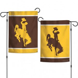 two sided garden flag. one side has gold background with brown bucking horse printed, other side has brown background with gold bucking horse