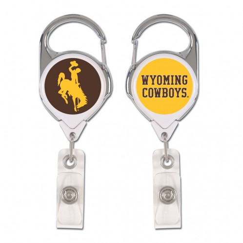 2 sided retractable badge holder with one side gold and one side brown. features a bucking horse and Wyoming Cowboys slogan