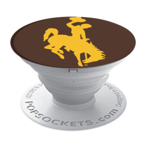 Wyoming Cowboys PopSocket, design is white popsocket with brown top, gold bucking horse