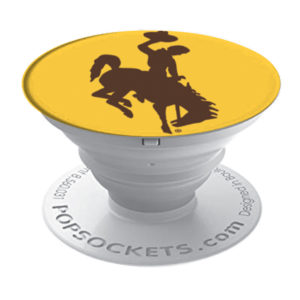 Wyoming Cowboys PopSocket, design is white popsocket with gold top, brown bucking horse