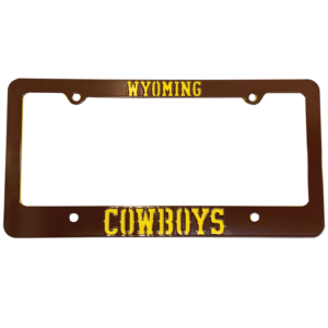 brown license plate tag cover, design is word Wyoming in gold at top and word Cowboys in gold on bottom