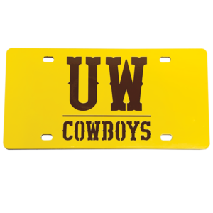 2 piece license plate cover with brown background piece and gold metal top piece. top metal piece with slogan UW Cowboys cut out