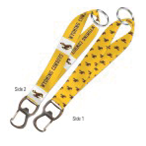 two gold keystraps with bottle openers. Design on first is words Wyoming cowboys in brown, white square with brown bucking horse. Other is small brown bucking horse repeated