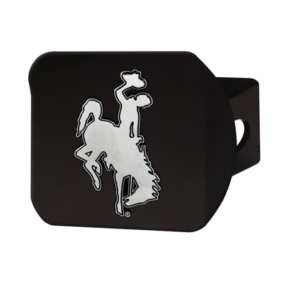 black metal hitch cover, rectangular shape. chrome metal bucking horse on front center