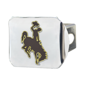 chrome hitch cover, design is brown bucking horse with gold outline