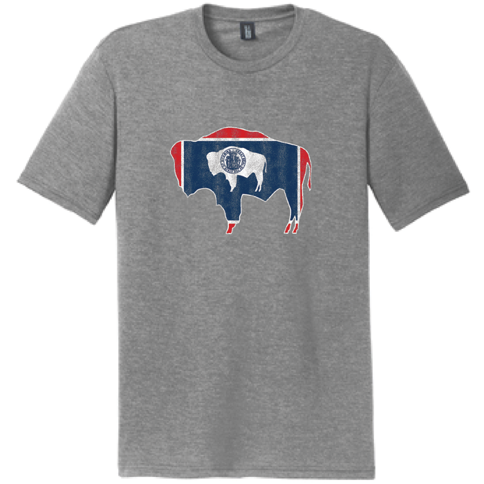 grey tri-blend short sleeved tee with buffalo printed in the center. Wyoming state flag printed inside the buffalo