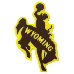 brown rubber magnet with gold outline. word Wyoming printed down the middle of magnet in gold