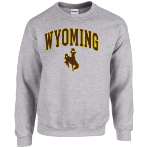 tall sized grey crewneck sweatshirt with design on front, design is word Wyoming arced, with bucking horse below, printed in brown with gold outline