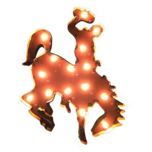 vintage look, metal bucking horse shaped lighted wall sign. rustic brown metal with gold trim, vintage style bulbs