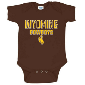 brown short sleeved infant onesie. Wyoming Cowboys with bucking horse below printed in gold with a white outline on the front of the onesie