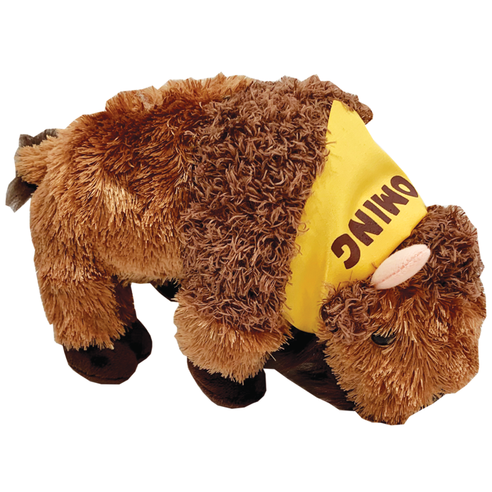 stuffed buffalo with gold banana with Wyoming printed on bandana