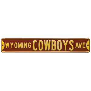 brown, metal street sign with the slogan Wyoming Cowboys Ave printed in block gold letters on street sign. has gold trim