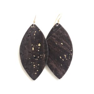 eye shaped leather earrings. brown cork material with gold specks inside. gold jewelry hardware