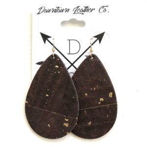 brown leather earrings in teardrop shape. brown cork leather material with gold specks inside