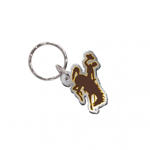 plastic, bucking horse shaped keychain in brown with gold outline. keychain part that holds keys is metal