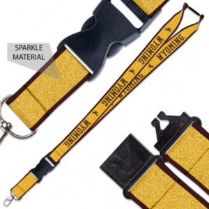 gold, 1 inch wide lanyard. Includes slogan University of Wyoming printed down lanyard in gold and plastic buckle with detachable key ring