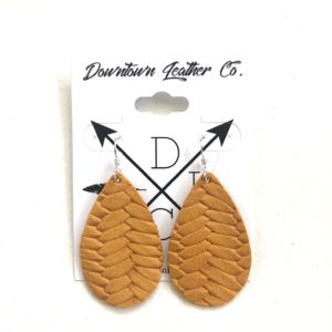 small, gold braided leather, tear drop shaped earrings. Silver metal hardware