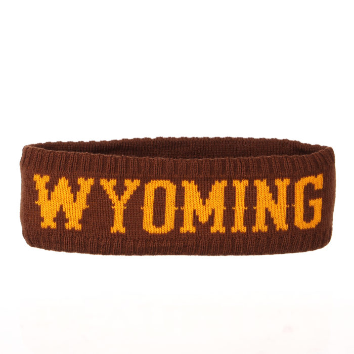 brown winter headband with word Wyoming in gold stitched in the fabric