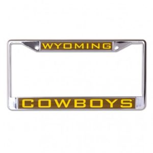 metal license plate frame. Word Wyoming on top and Cowboys on the bottom of frame, both in gold with brown background