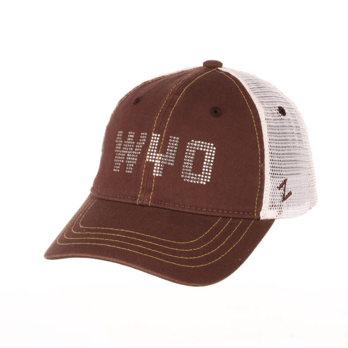unstructured, adjustable hat with brown bill and body, cream mesh back. Rhinestone lettering WYO on front of hat.