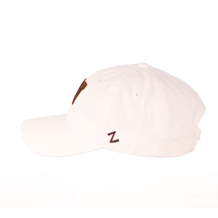 side view of white, unstructured adjustable hat. Z logo embroidered on left side of hat