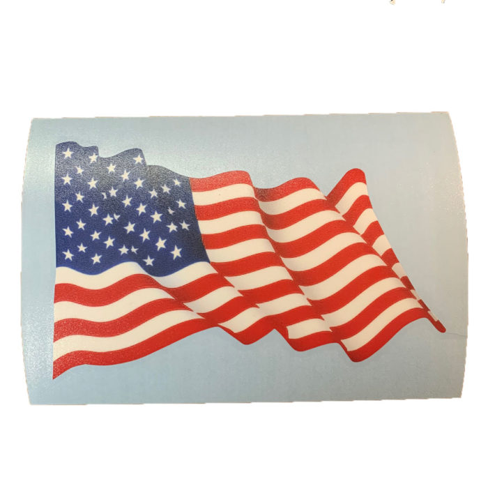 American flag vinyl decal. Approximately 4 inches by 6 inches. flag appears to look like it is blowing in the wind