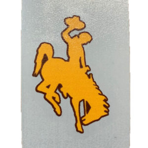 bucking horse vinyl decal in gold with brown outline. 1.7 inches tall