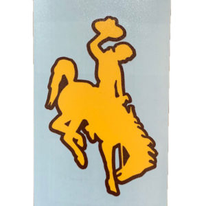 Wyoming bucking horse shaped decal in gold with brown outline, 3 inches tall