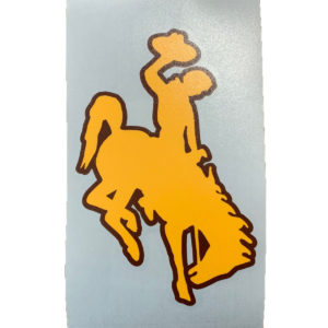 bucking horse vinyl decal in gold with brown outline. 6 inches tall
