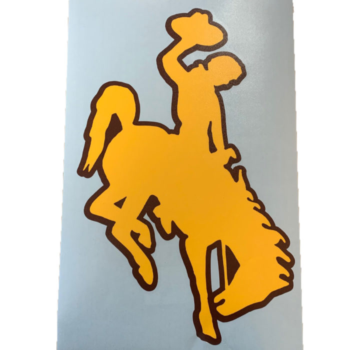 bucking horse vinyl decal in gold with brown outline. 12 inches tall